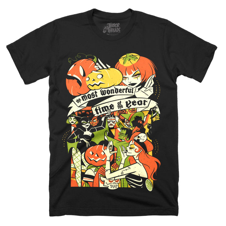 Terror Threads The Most Wonderful Time Of The Year Halloween Bash original graphic on a black Classic Terror Threads T-Shirt featuring retro monsters, jack-o’-lanterns, costumed characters and a vintage Halloween party scene.