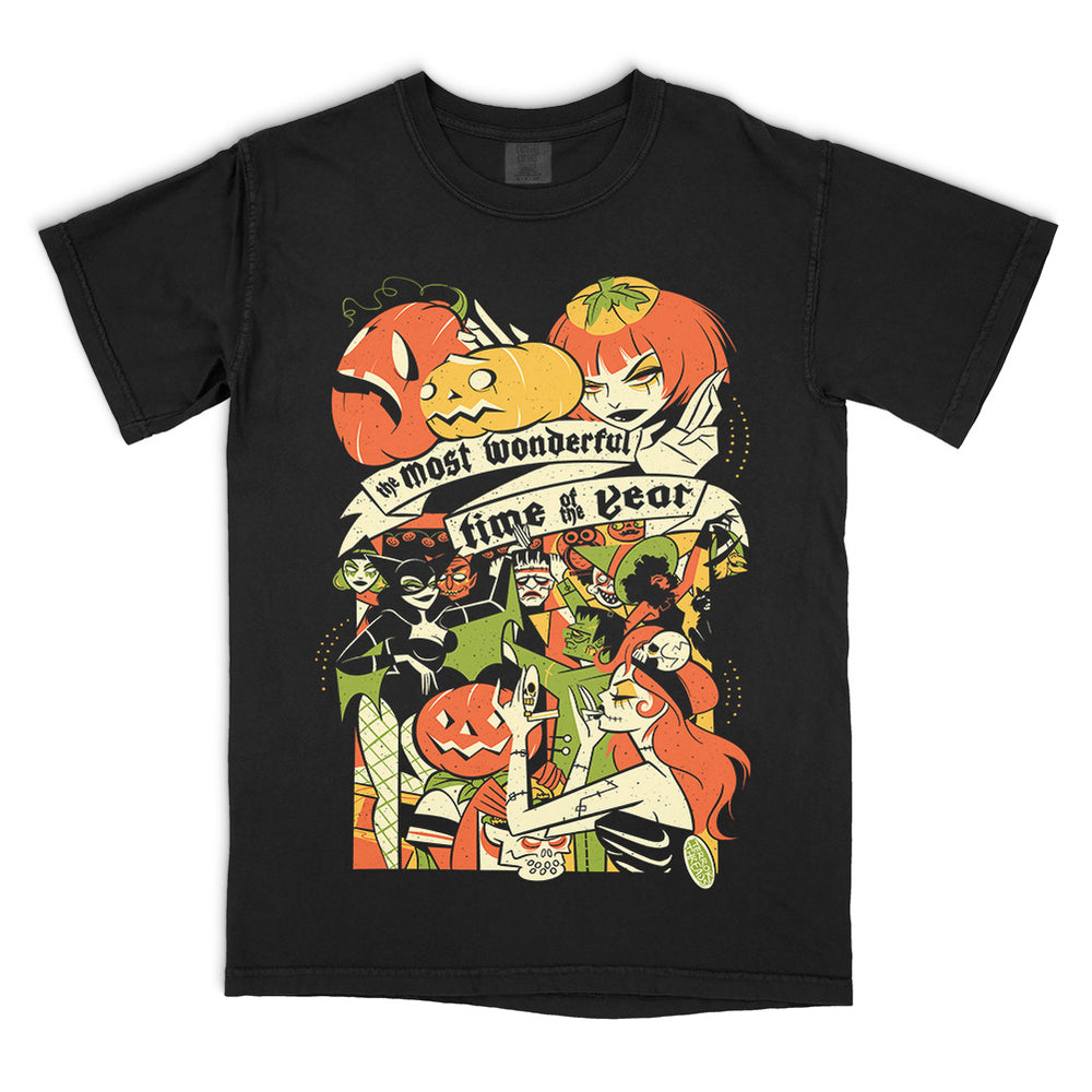 Terror Threads The Most Wonderful Time Of The Year Halloween Bash original graphic on a black Comfort Colors T-Shirt featuring retro monsters, jack-o’-lanterns, costumed characters and a vintage Halloween party scene.