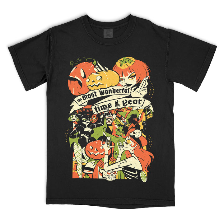 Terror Threads The Most Wonderful Time Of The Year Halloween Bash original graphic on a black Comfort Colors T-Shirt featuring retro monsters, jack-o’-lanterns, costumed characters and a vintage Halloween party scene.