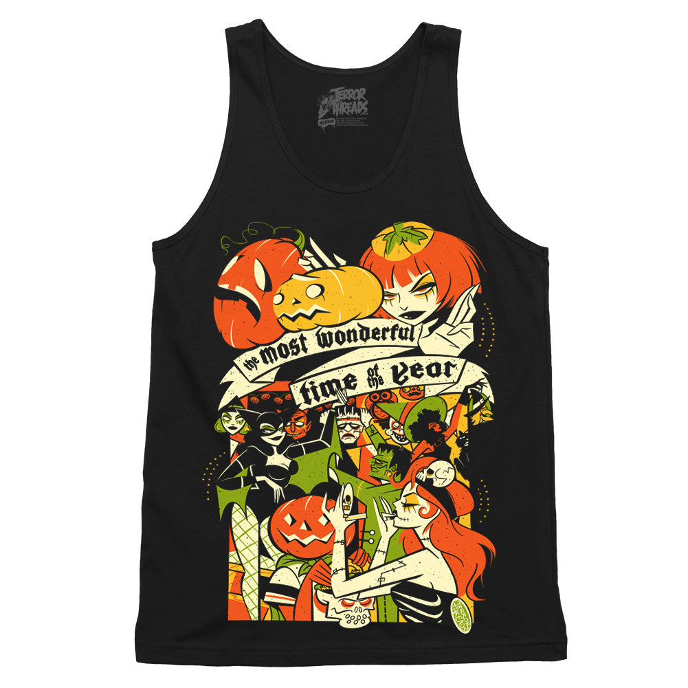 Terror Threads The Most Wonderful Time Of The Year Halloween Bash original graphic on a black tank top featuring retro monsters, jack-o’-lanterns, costumed characters and a vintage Halloween party scene.