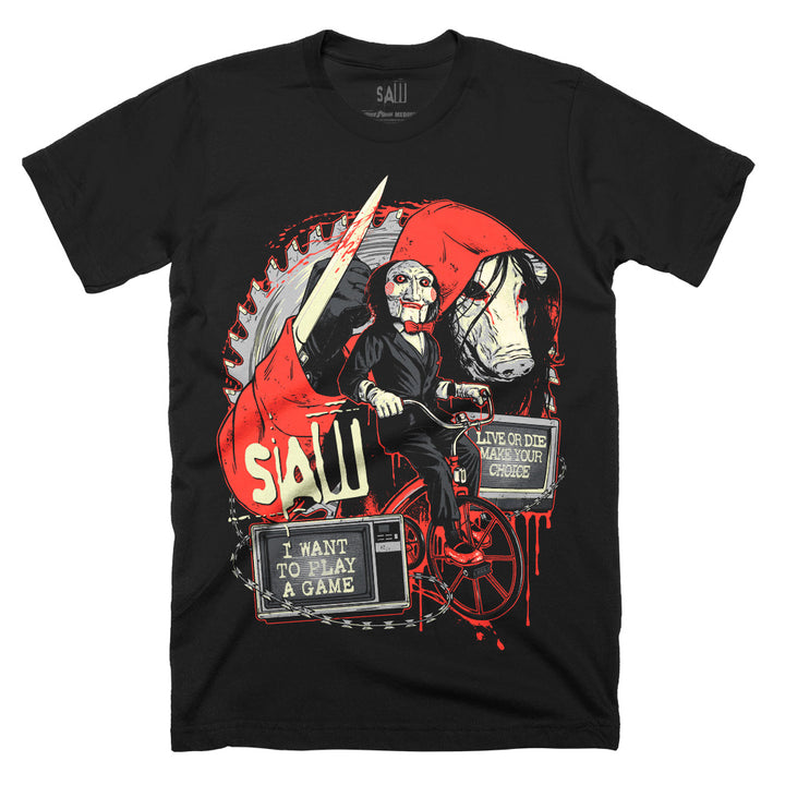 Black Classic Terror Threads SAW Make Your Choice T-Shirt featuring Billy the Puppet on his tricycle, the pig mask, circular saw blade, knife and blood-red film imagery.