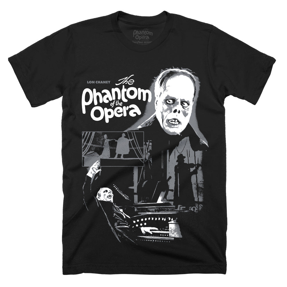 The Phantom of the Opera Masterpiece of Horror T-Shirt on a black Classic Terror Threads Tee featuring Lon Chaney as the Phantom in a black-and-white collage