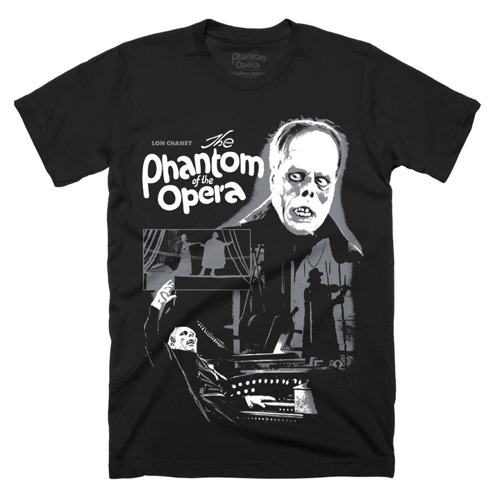 The Phantom of the Opera Masterpiece of Horror T-Shirt on a black Classic Terror Threads Tee featuring Lon Chaney as the Phantom in a black-and-white collage