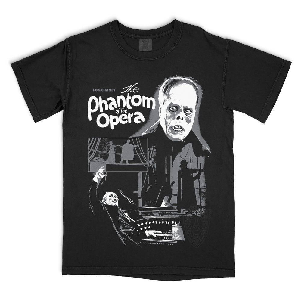 The Phantom of the Opera Masterpiece of Horror T-Shirt on a black Comfort Colors Tee featuring Lon Chaney as the Phantom in a black-and-white collage