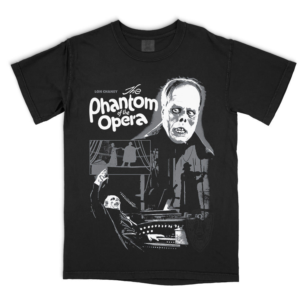 The Phantom of the Opera Masterpiece of Horror T-Shirt on a black Comfort Colors Tee featuring Lon Chaney as the Phantom in a black-and-white collage