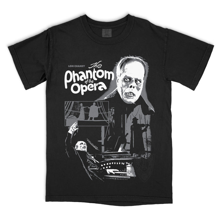 The Phantom of the Opera Masterpiece of Horror T-Shirt on a black Comfort Colors Tee featuring Lon Chaney as the Phantom in a black-and-white collage