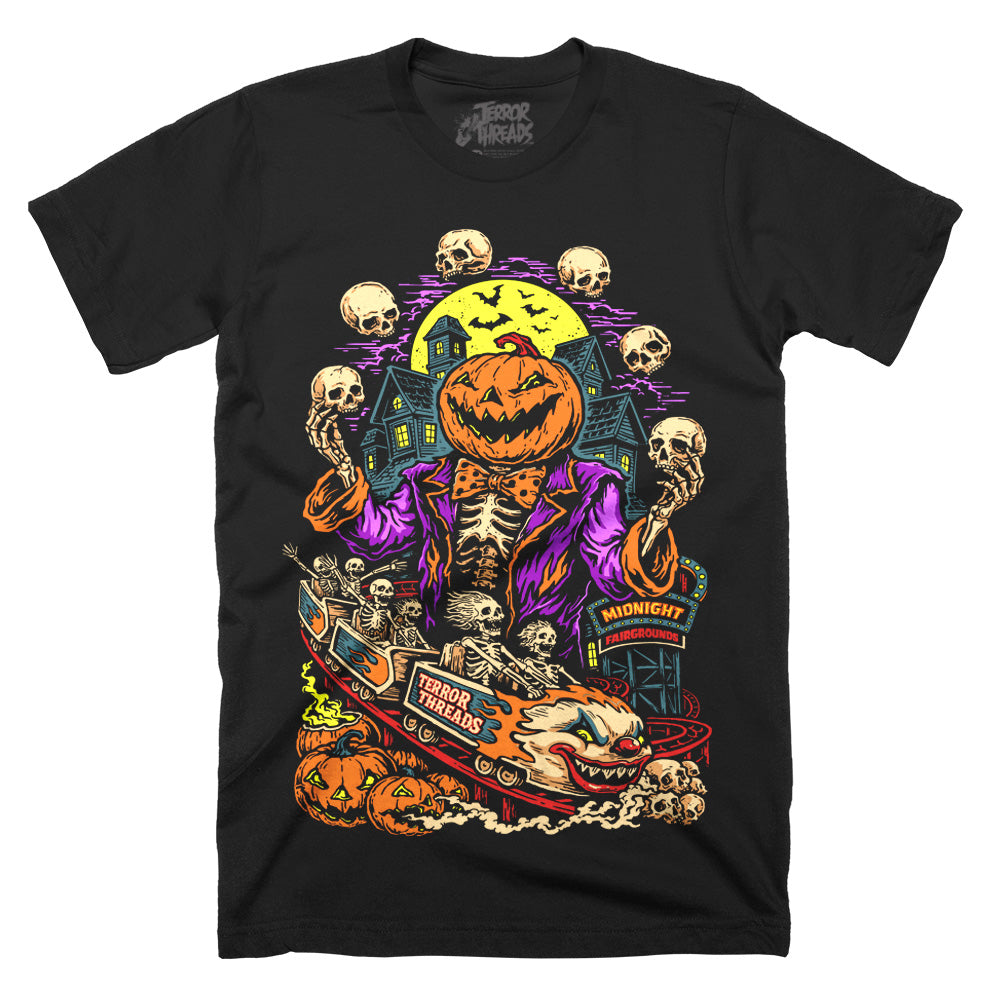 Terror Threads Midnight Fairgrounds original graphic on a black Classic Terror Threads T-Shirt featuring a pumpkin-headed skeleton ringmaster, haunted carnival rides, jack-o’-lanterns, skulls and a spooky full moon.