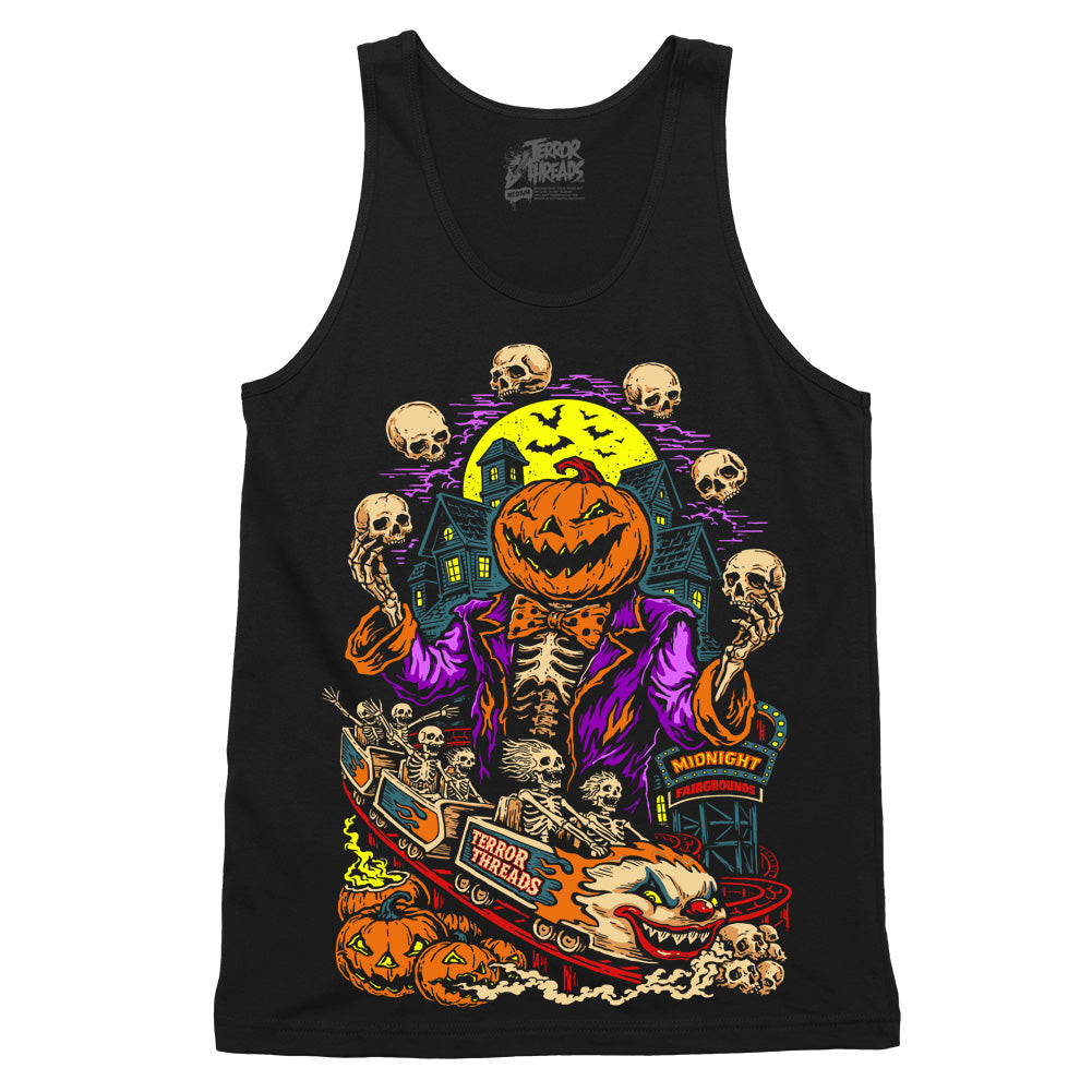 Terror Threads Midnight Fairgrounds original graphic on a black tank top featuring a pumpkin-headed skeleton ringmaster, haunted carnival rides, jack-o’-lanterns, skulls and a spooky full moon.
