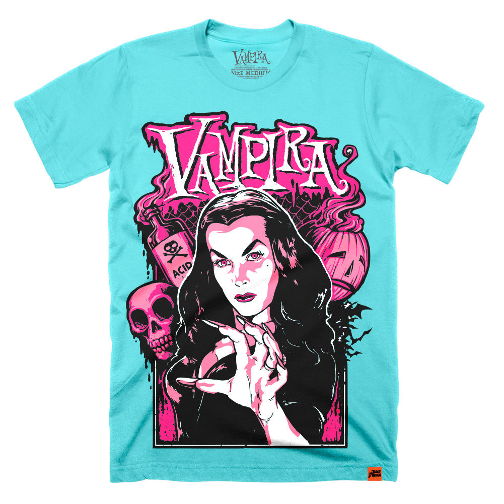 Vampira Midnight Ramble T-Shirt featuring neon punk-style artwork with skulls, gothic horror elements, and bold retro colors