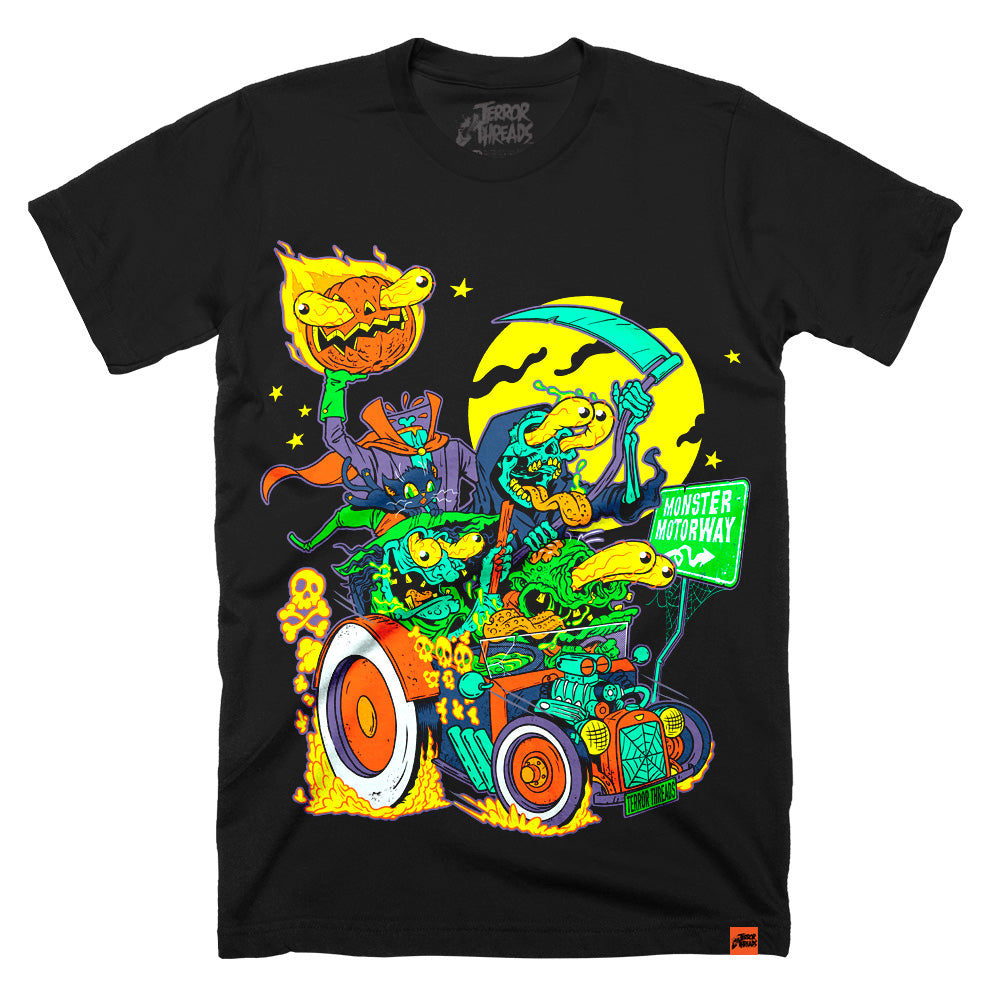 Terror Threads Original Monster Motorway T-Shirt featuring cartoon monsters racing a hot rod under a full moon with neon horror colors