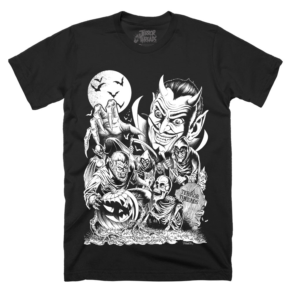 Terror Threads Monster Party black Classic Terror Threads T-Shirt featuring vintage black and white monster artwork with werewolf skeletons and devil