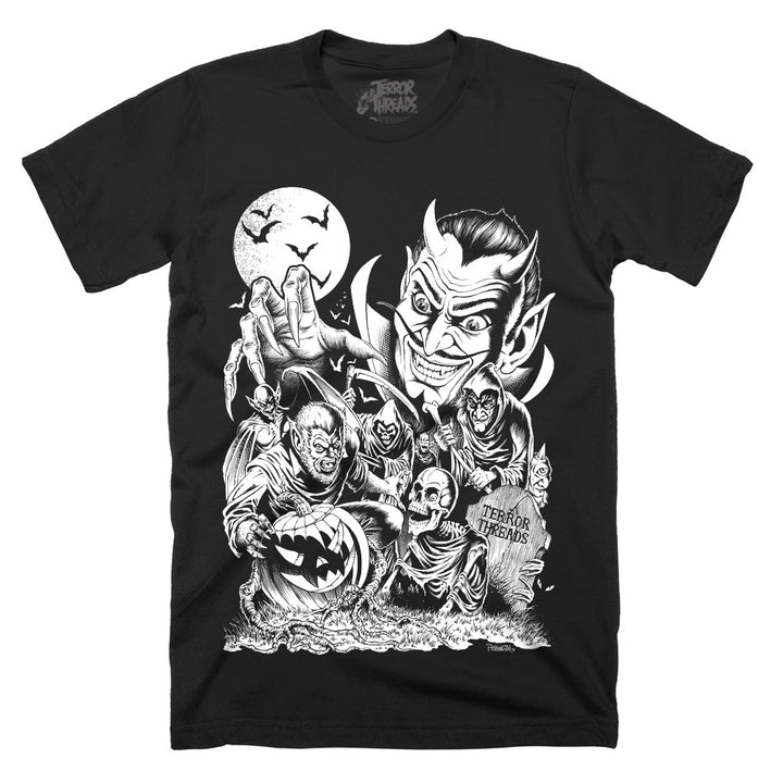 Terror Threads Monster Party black Classic Terror Threads T-Shirt featuring vintage black and white monster artwork with werewolf skeletons and devil