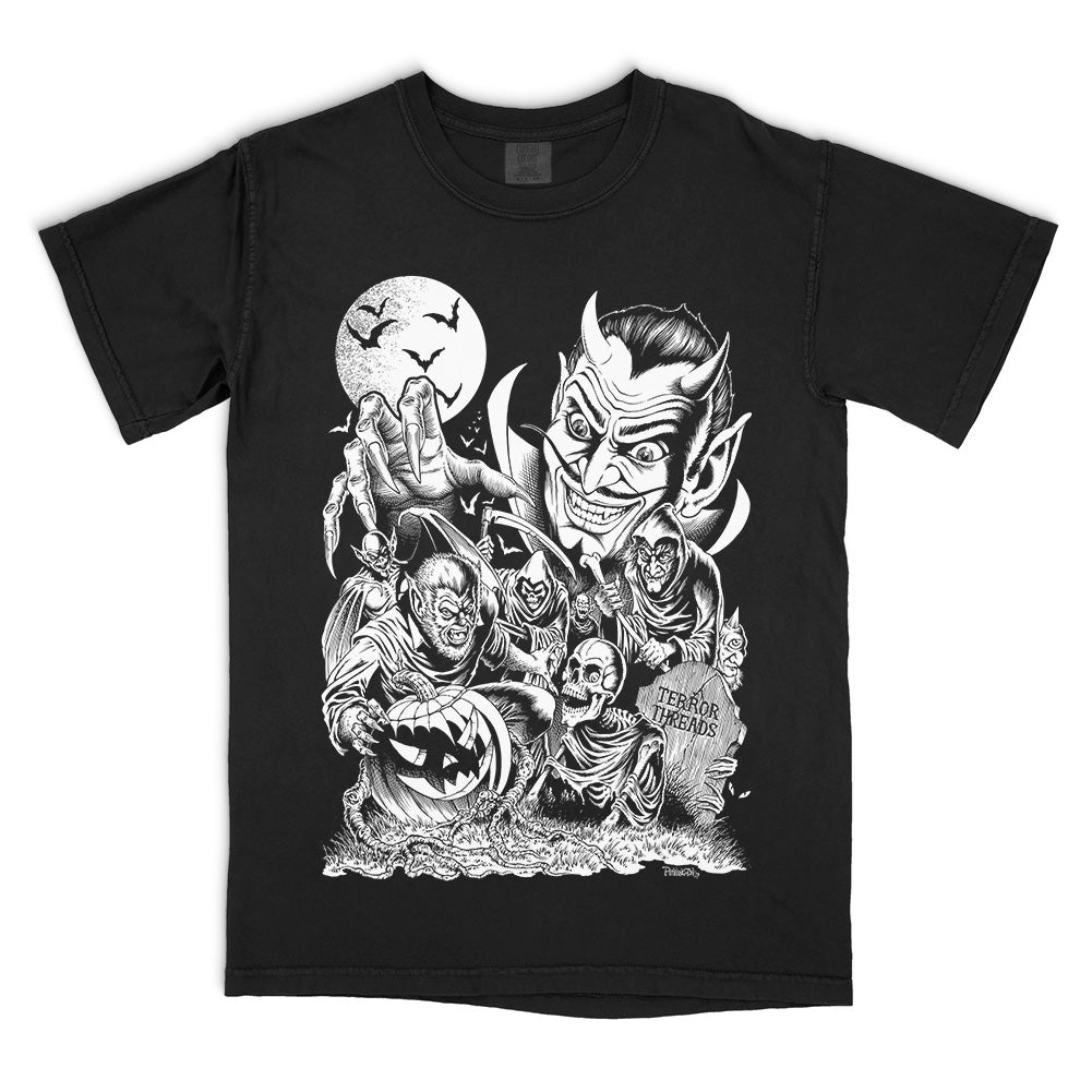 Terror Threads Monster Party black Comfort Colors T-Shirt featuring vintage black and white monster artwork with werewolf skeletons and devil