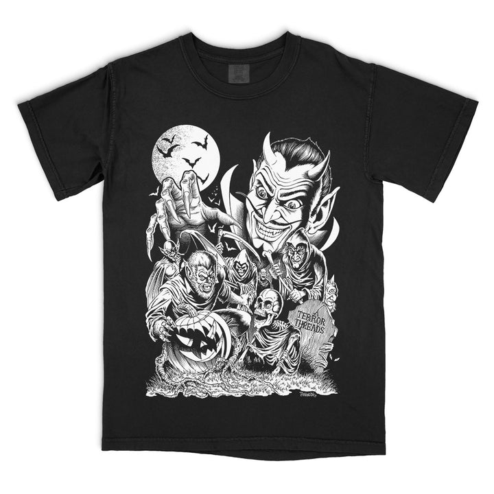 Terror Threads Monster Party black Comfort Colors T-Shirt featuring vintage black and white monster artwork with werewolf skeletons and devil