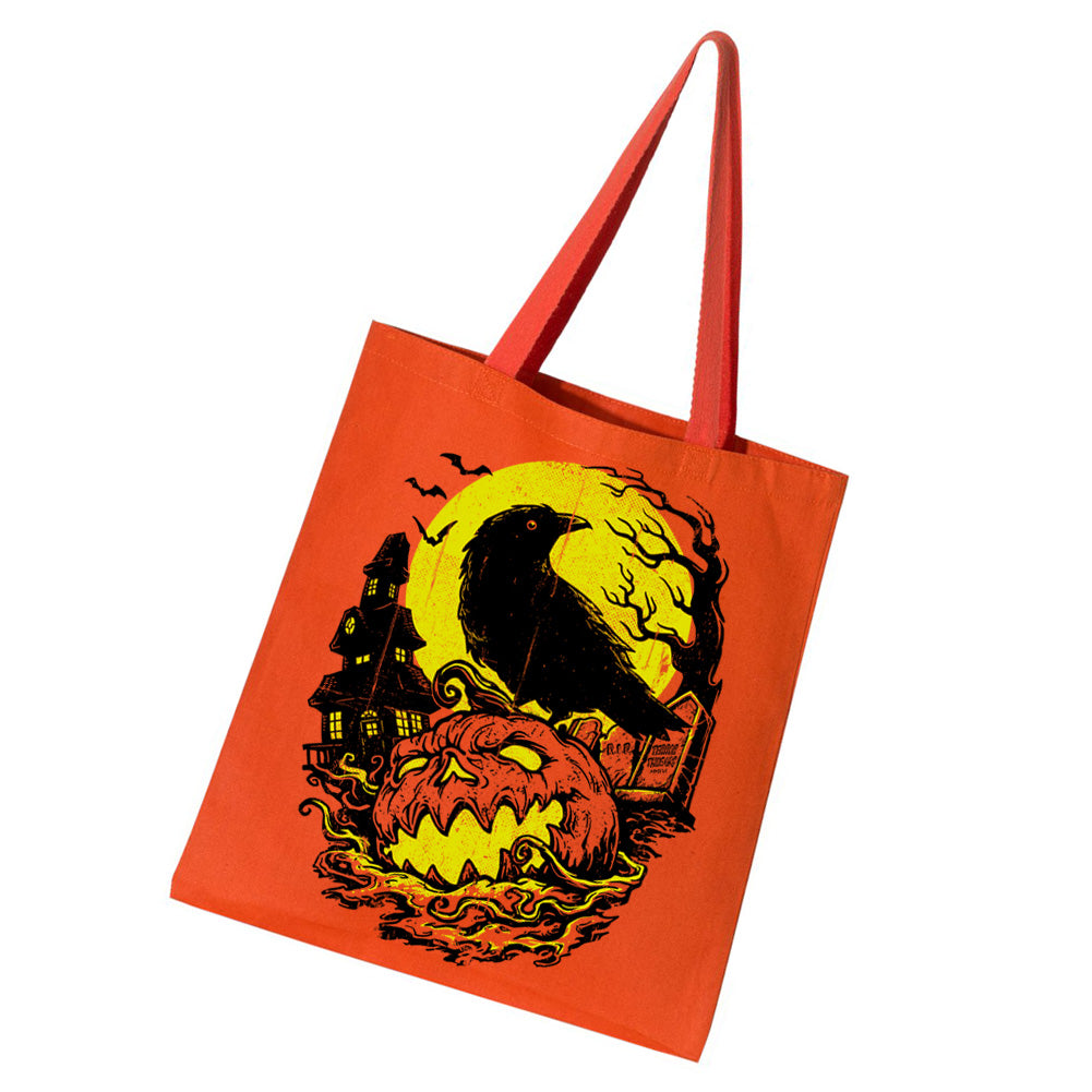 Terror Threads Original Night Of Fright orange tote bag featuring a sinister jack-o'-lantern, black raven, haunted house, twisted trees, and glowing yellow full moon.