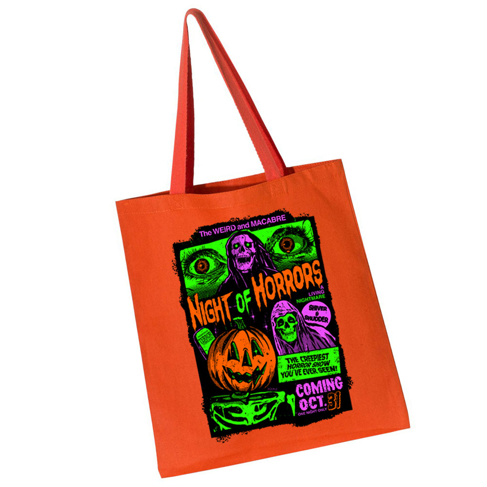 Terror Threads Original Night Of Horrors orange tote bag featuring vintage Halloween horror artwork with skulls, creepy eyes, and a jack-o'-lantern