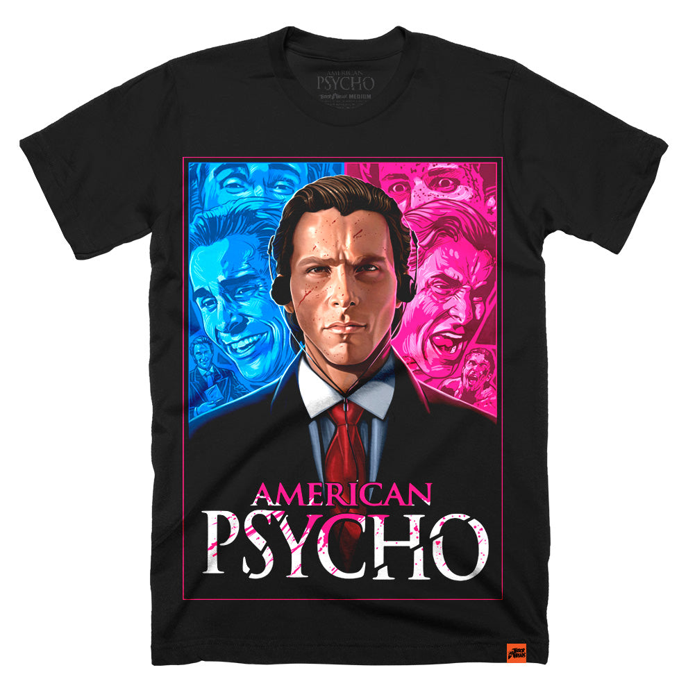 American Psycho No Introduction Necessary T-Shirt featuring a stylized portrait with neon blue and pink split imagery representing fractured personalities