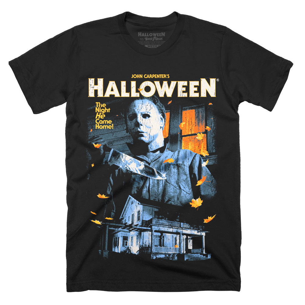Halloween No Place Like Home T-Shirt featuring Michael Myers, the Myers house, classic Halloween movie logo and orange autumn leaves on a black Terror Threads tee