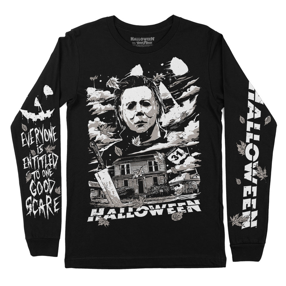 Officially licensed Halloween One Good Scare black long sleeve T-shirt featuring Michael Myers, the Myers house, and black, white and gray graphics on the front and sleeves.
