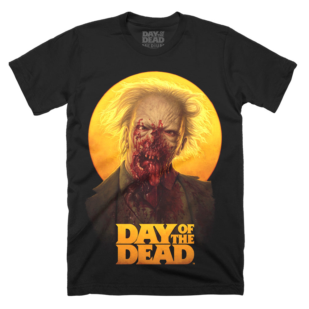 Day Of The Dead "Paging Dr. Tongue" T-Shirt on a black Classic Terror Threads tee featuring a gruesome portrait of Dr. Tongue with a golden backdrop and movie logo.