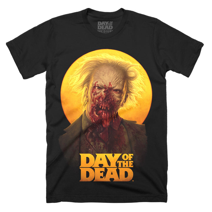 Day Of The Dead "Paging Dr. Tongue" T-Shirt on a black Classic Terror Threads tee featuring a gruesome portrait of Dr. Tongue with a golden backdrop and movie logo.