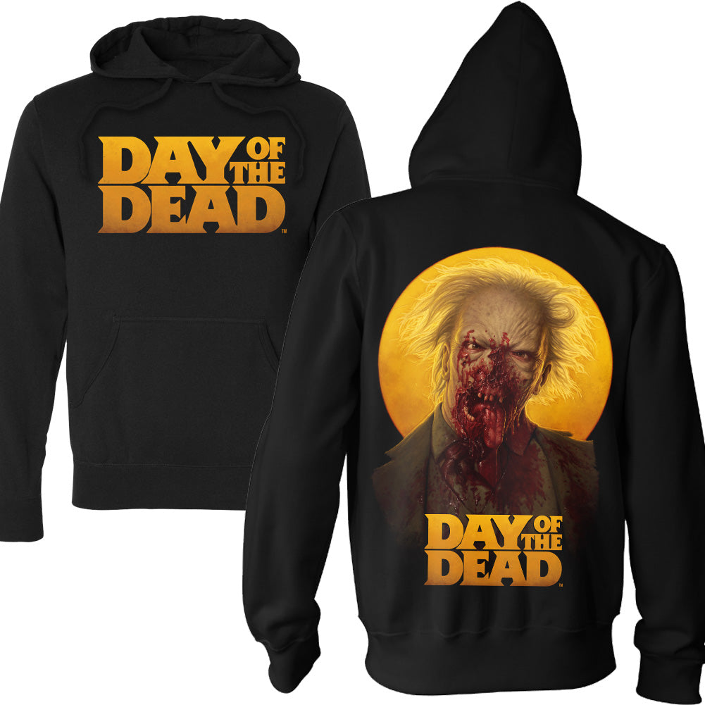 Day Of The Dead "Paging Dr. Tongue" black pullover hoodie featuring the golden Day of the Dead movie logo on the front and a gruesome, bloodied Dr. Tongue zombie portrait on the back.