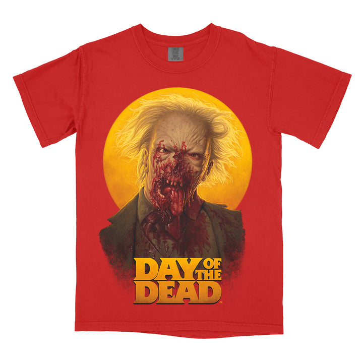 Day Of The Dead "Paging Dr. Tongue" Red T-Shirt on a red Comfort Colors tee featuring detailed, blood-soaked Dr. Tongue zombie artwork with a golden background and Day of the Dead logo.