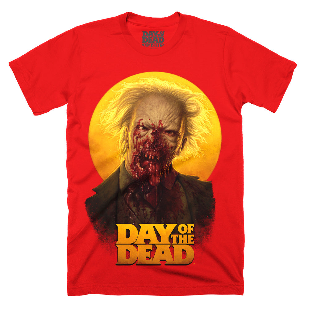 Day Of The Dead "Paging Dr. Tongue" Red T-Shirt on a red Classic Terror Threads tee featuring a gruesome portrait of Dr. Tongue against a golden backdrop with the film's logo.