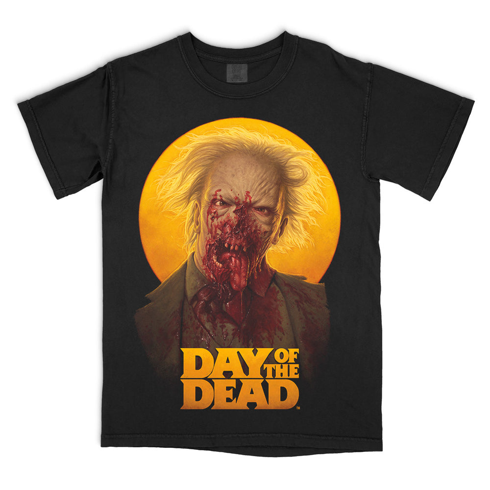 Day Of The Dead "Paging Dr. Tongue" T-Shirt on a black Comfort Colors tee featuring officially licensed artwork of the bloodied Dr. Tongue zombie from George A. Romero's 1985 horror film.