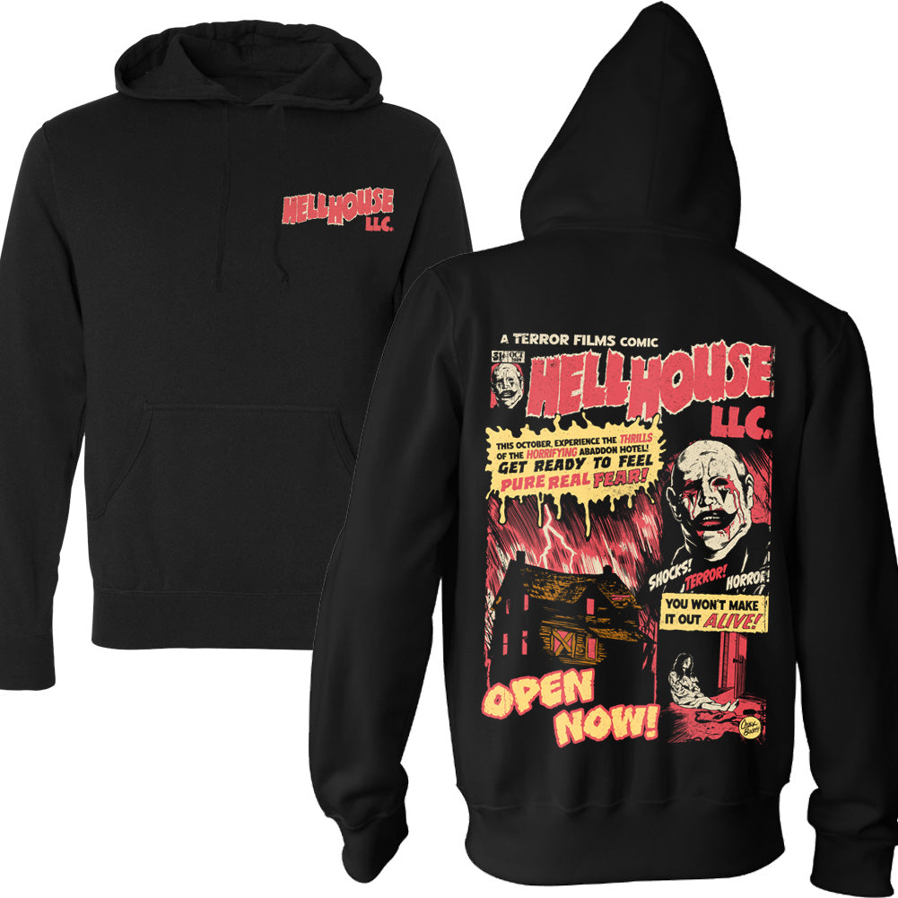 Black Hell House LLC Pure Real Fear pullover hoodie with front logo and horror comic back graphic