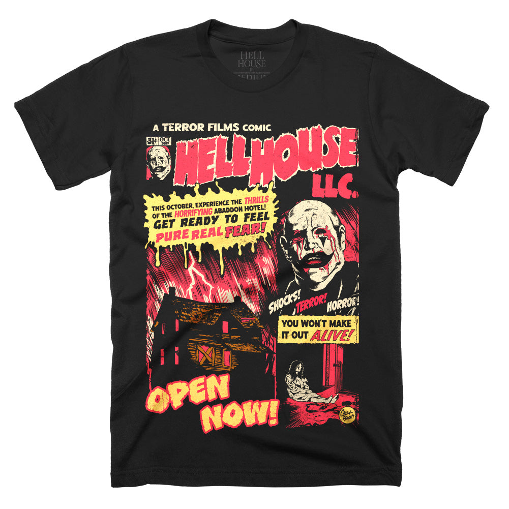 Hell House LLC Pure Real Fear graphic on a black Classic Terror Threads T-shirt