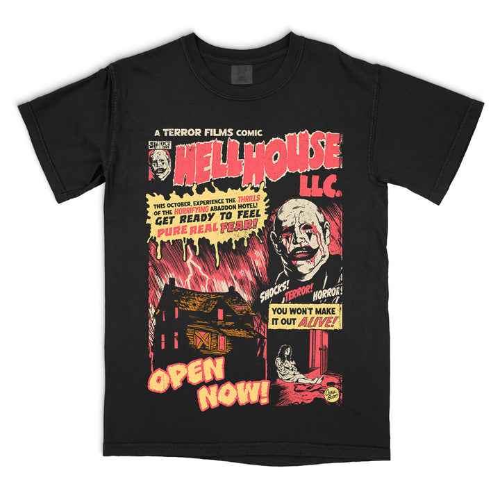 Hell House LLC Pure Real Fear retro horror comic design on a black Comfort Colors T-shirt