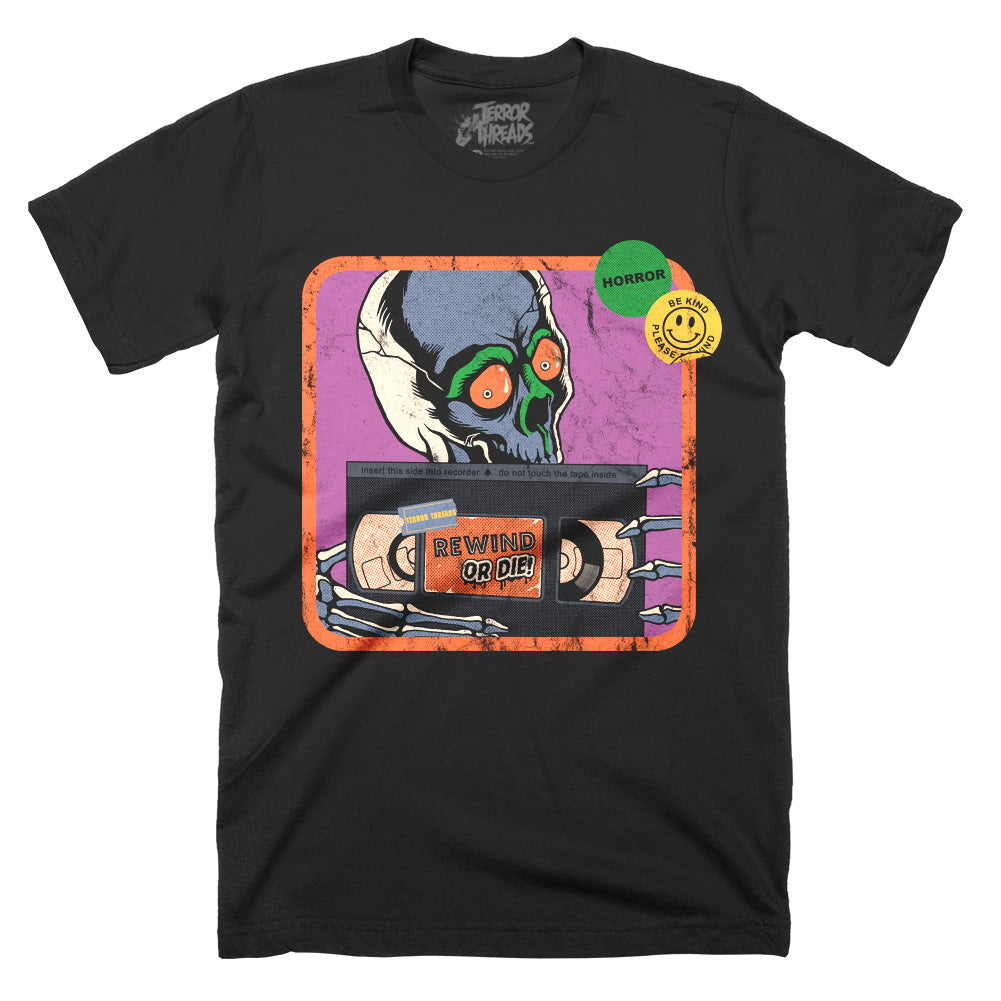 Rewind or Die Vintage VHS Halloween T-Shirt