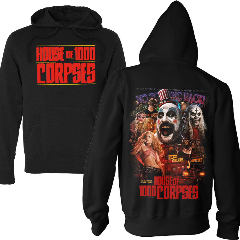 House Of 1000 Corpses Roadside Nightmares Pullover Hoodie in black featuring front logo print and back artwork with Captain Spaulding, Baby, Otis, and Firefly family horror artwork.