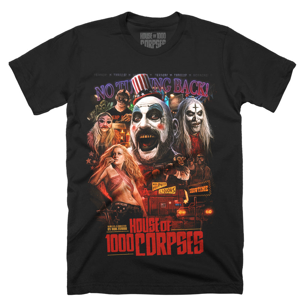House Of 1000 Corpses Roadside Nightmares T-Shirt on black classic Terror Threads tee featuring Captain Spaulding, Baby, Otis, and Firefly family horror artwork.