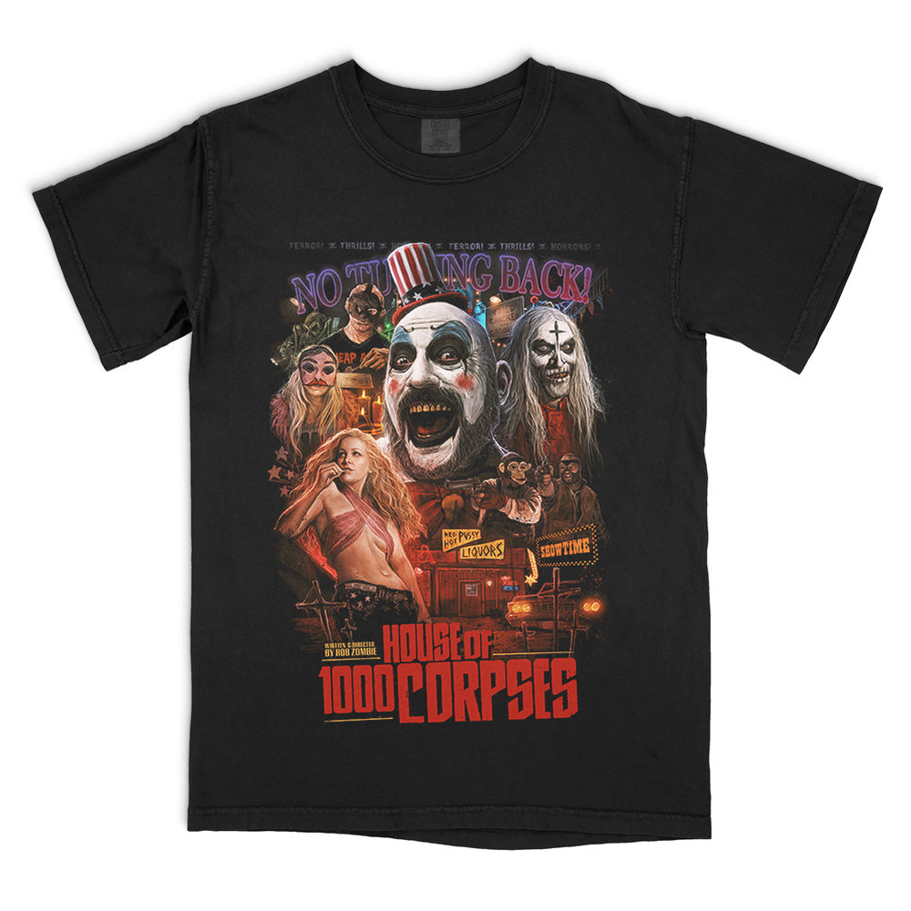 House Of 1000 Corpses Roadside Nightmares T-Shirt on black Comfort Colors tee featuring Captain Spaulding, Baby, Otis, and Firefly family roadside horror artwork.