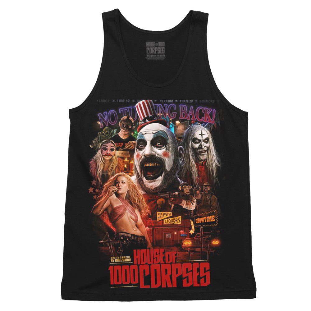 House Of 1000 Corpses Roadside Nightmares Tank Top on black featuring Captain Spaulding, Baby, Otis, and Firefly family roadside horror artwork.