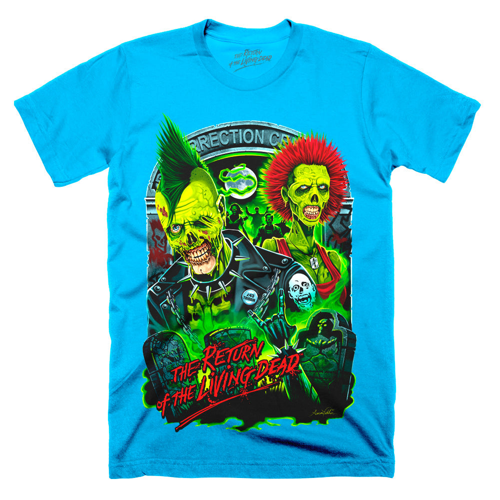 Electric blue Return of the Living Dead Rot ’N’ Roll classic tee featuring neon punk zombies, tombstones and the red movie logo.