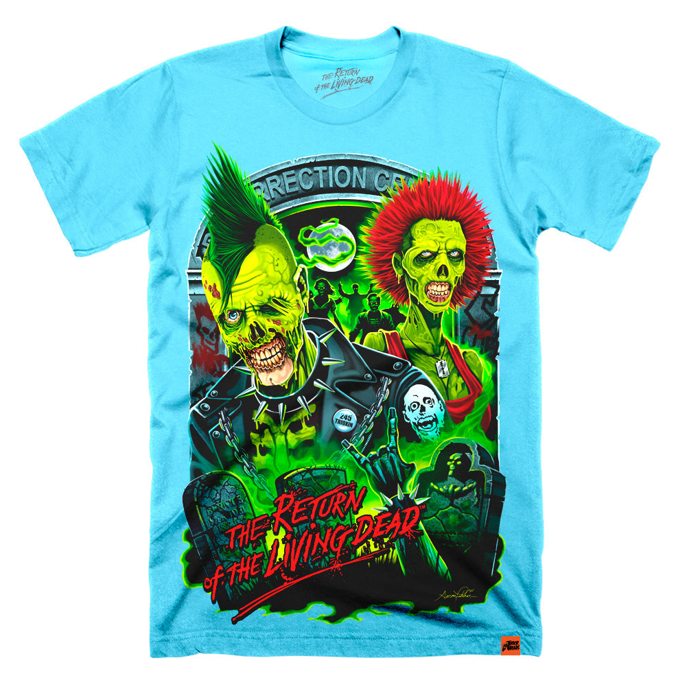 Return of the Living Dead Rot ‘N’ Roll T-Shirt featuring punk zombie artwork with neon green, red, and blue colors.