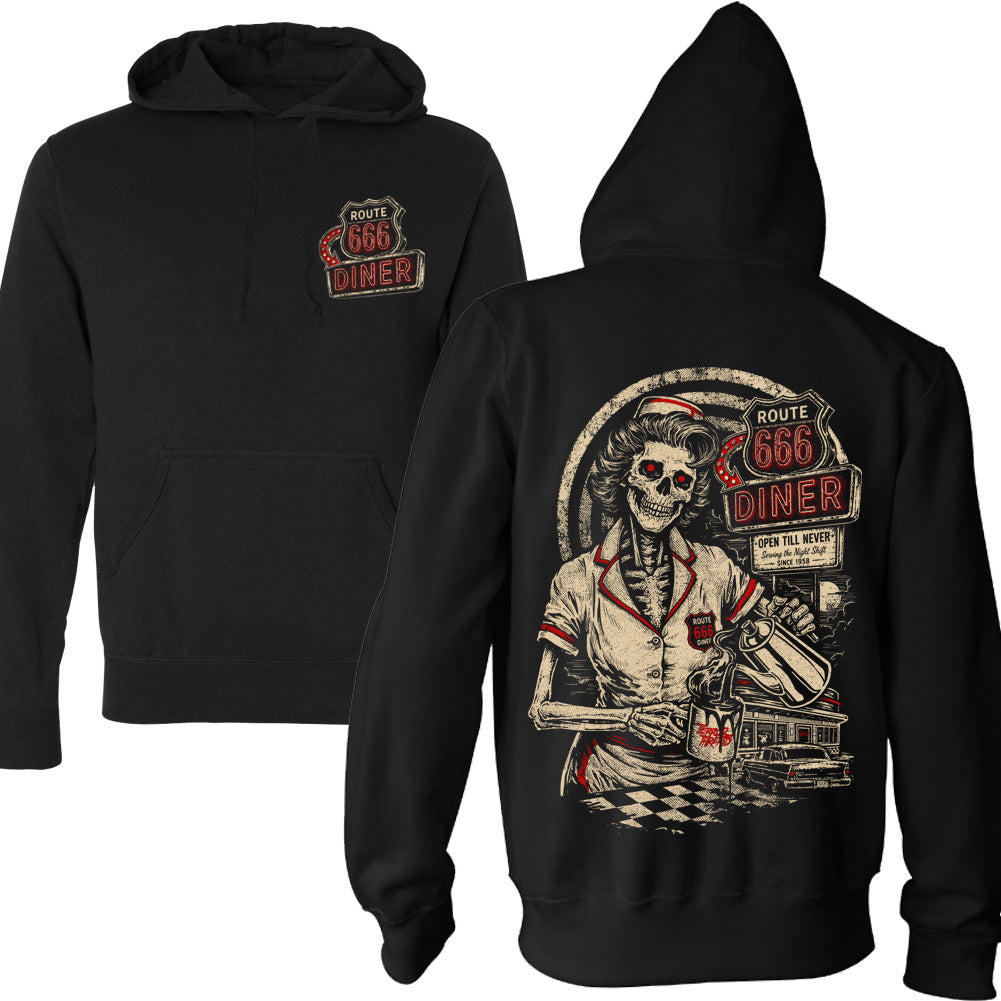 Route 666 Diner black pullover hoodie featuring a skeletal waitress pouring coffee in front of a vintage roadside diner sign with retro horror artwork.