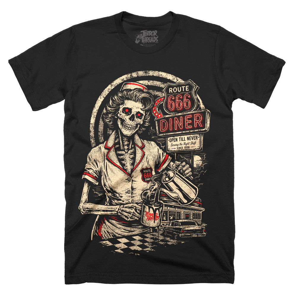 Route 666 Diner black t-shirt featuring a skeletal waitress pouring coffee in front of a vintage roadside diner sign with retro horror artwork.