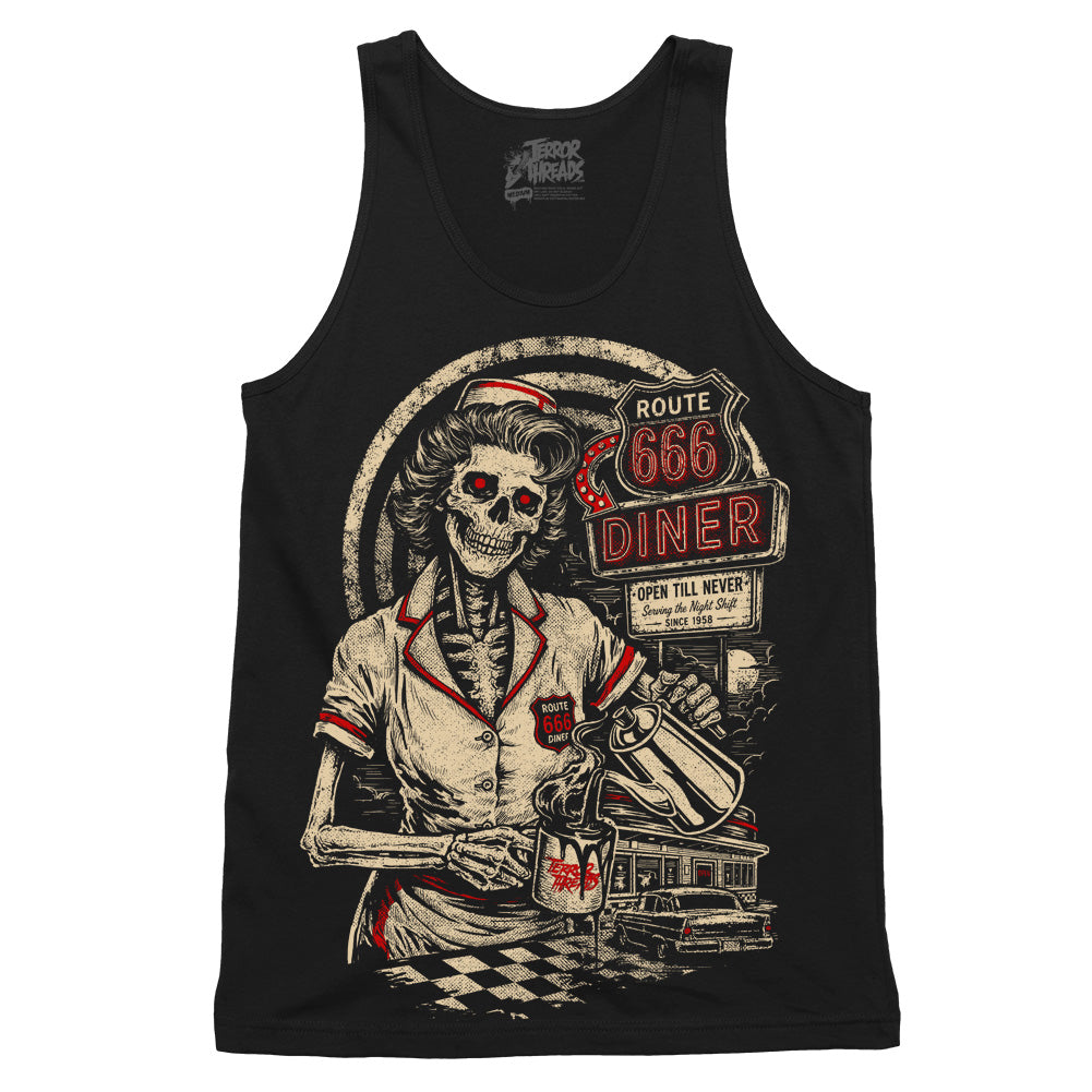 Route 666 Diner black tank top featuring a skeletal waitress pouring coffee in front of a vintage roadside diner sign with retro horror artwork.