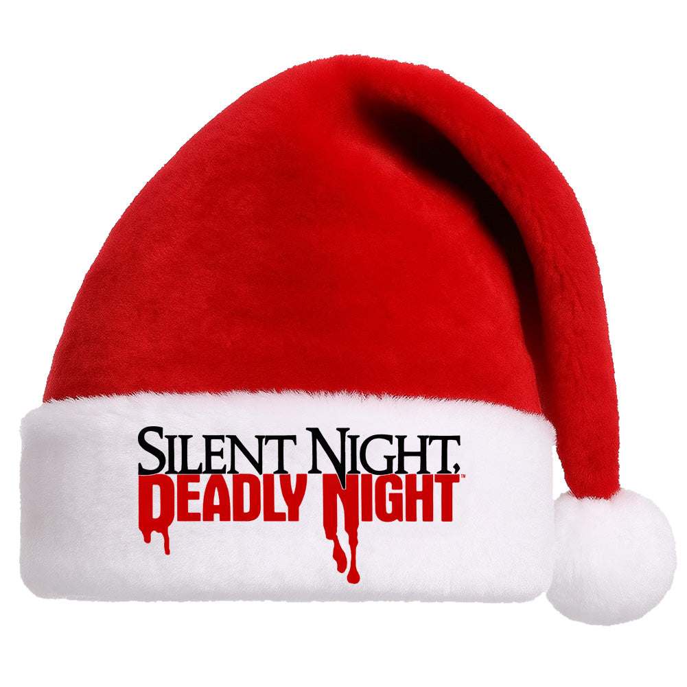 Silent Night Deadly Night embroidered Santa hat with red plush fabric and horror movie logo dripping in blood font