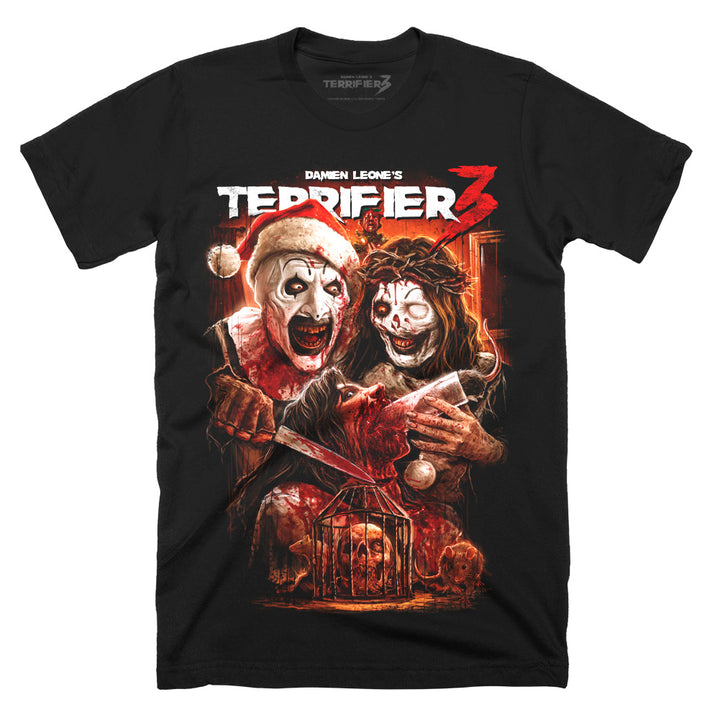 Terrifier 3 Saint Sicko T-Shirt on a black Classic Terror Threads Tee featuring Art the Clown in a Santa suit, Victoria Heyes and a blood-soaked holiday horror scene