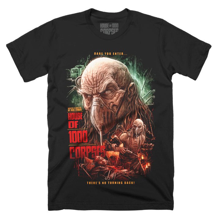 House of 1000 Corpses Satan Is Real T-Shirt on a black Classic Terror Threads Tee featuring Dr. Satan in a surgical mask with dark underground laboratory imagery