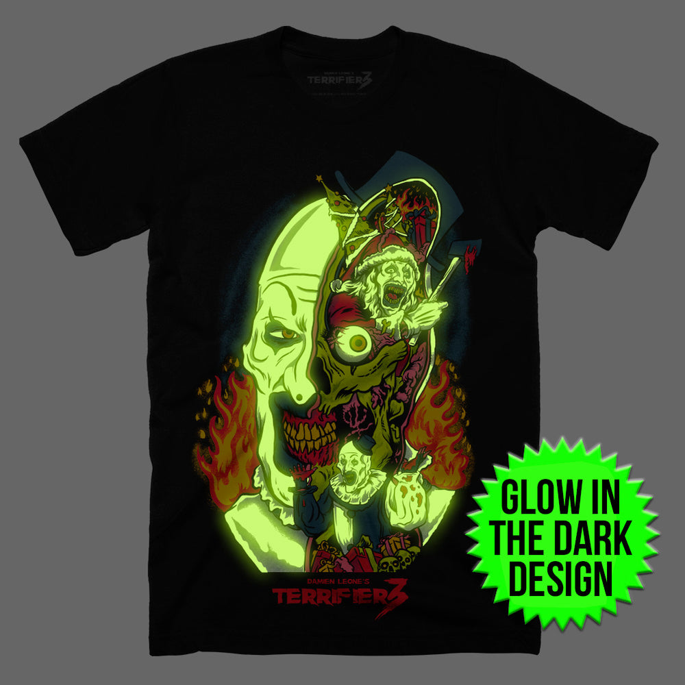 Terrifier 3 Season Of Slaughter Art The Clown Horror Movie Glow In The Dark T-Shirt