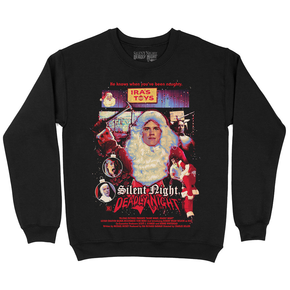 ilent Night Deadly Night Seasons Beatings Sweatshirt featuring killer Santa Claus at Ira’s Toys with bloody axe and retro horror artwork