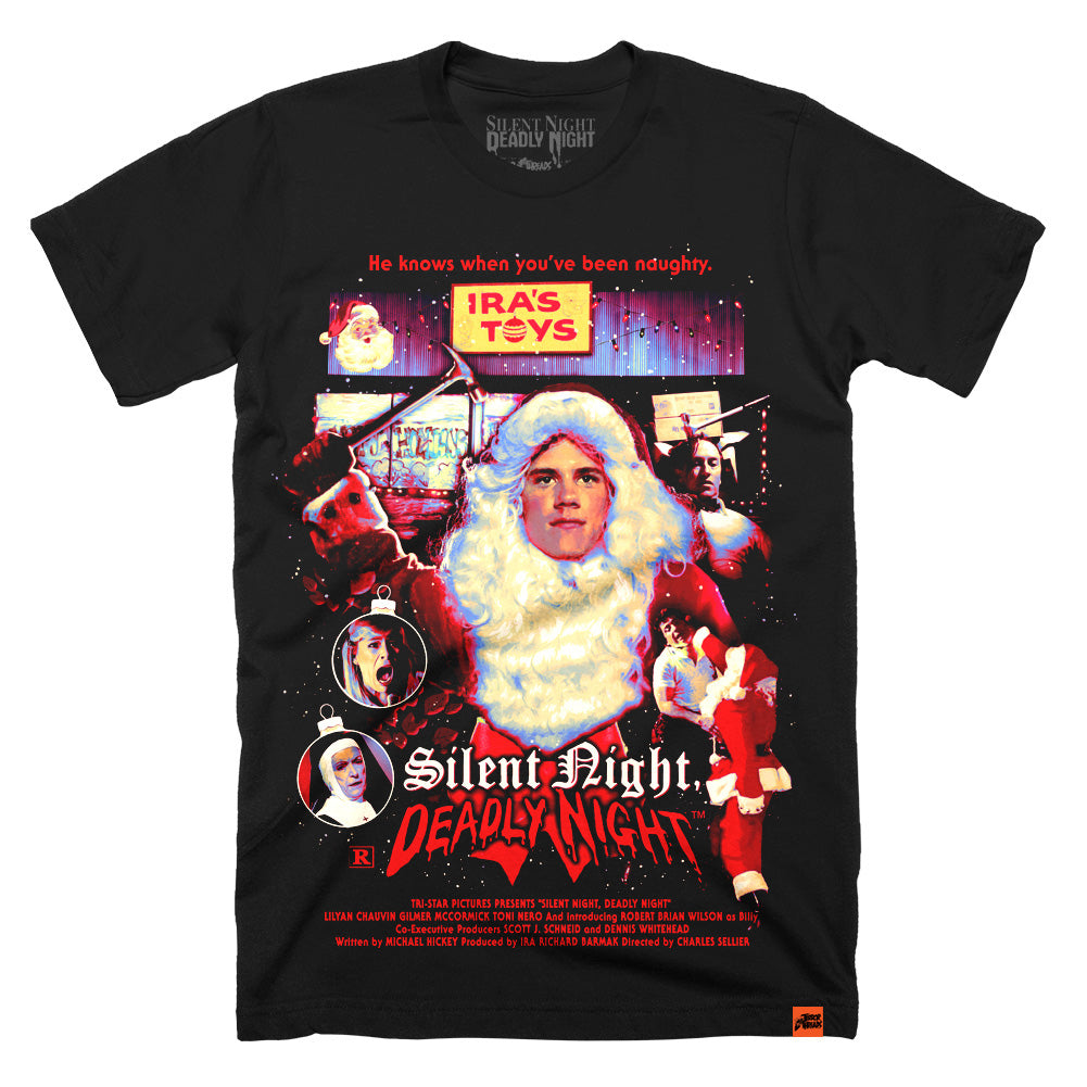 Silent Night Deadly Night Seasons Beating T-Shirt featuring killer Santa Claus at Ira’s Toys with bloody axe and 80s horror artwork