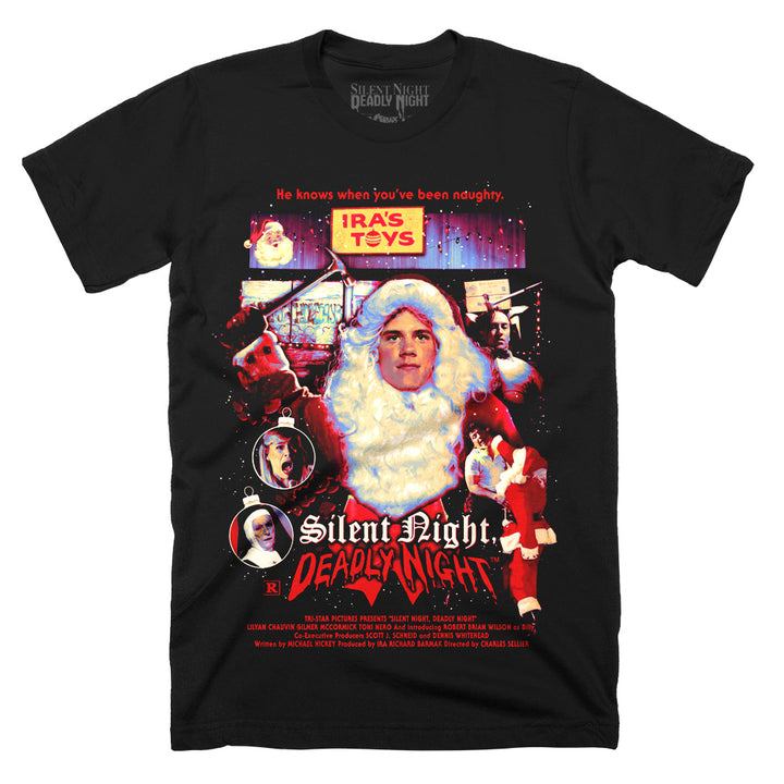 Silent Night Deadly Night Seasons Beatings T-Shirt on a black Classic Terror Threads Tee featuring Billy dressed as Santa surrounded by bloody scenes from the film