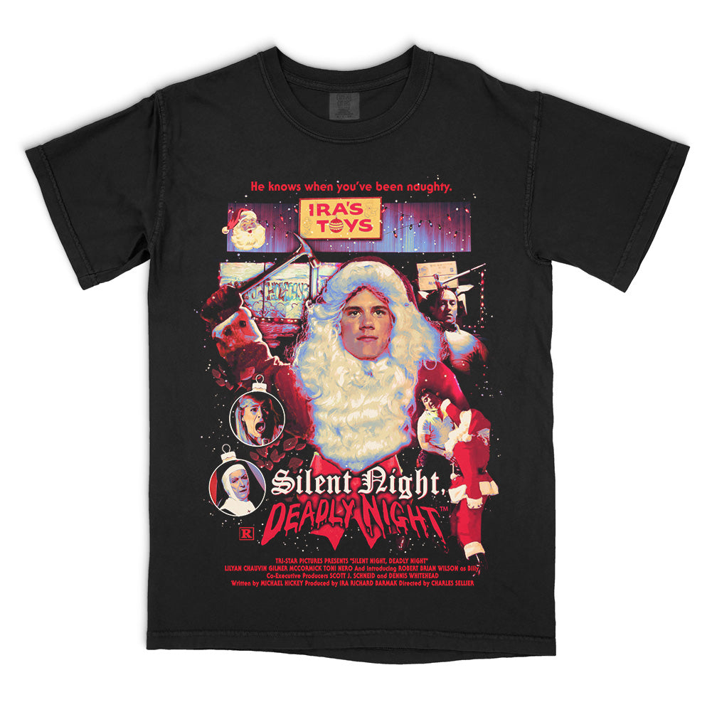 Silent Night Deadly Night Seasons Beatings T-Shirt on a black Comfort Colors Tee featuring Billy dressed as Santa surrounded by bloody scenes from the film